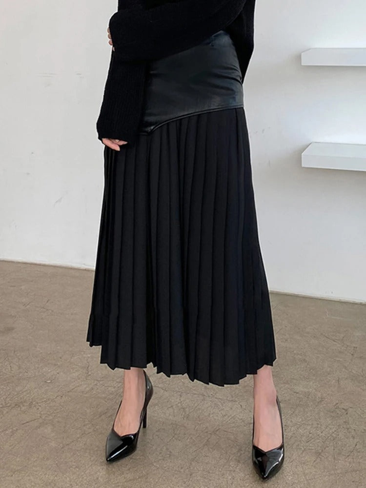 Kara Contrast Pleated Faux Leather Midi Skirt