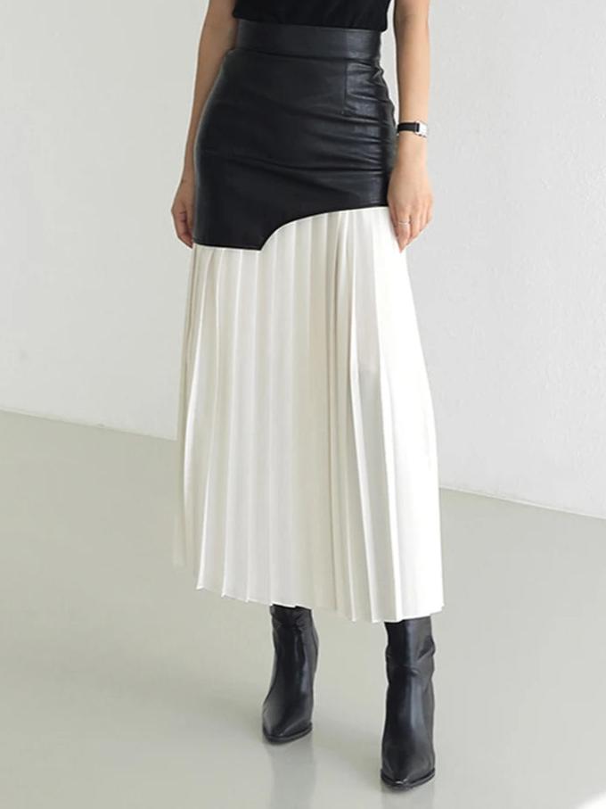 Kara Contrast Pleated Faux Leather Midi Skirt