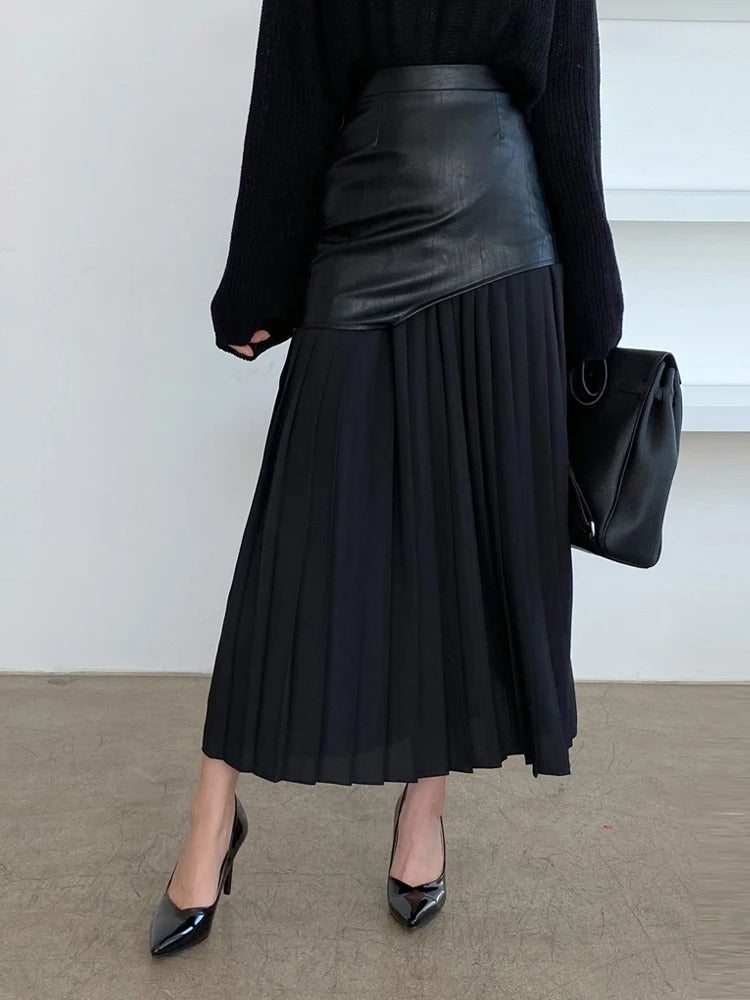 Kara Contrast Pleated Faux Leather Midi Skirt