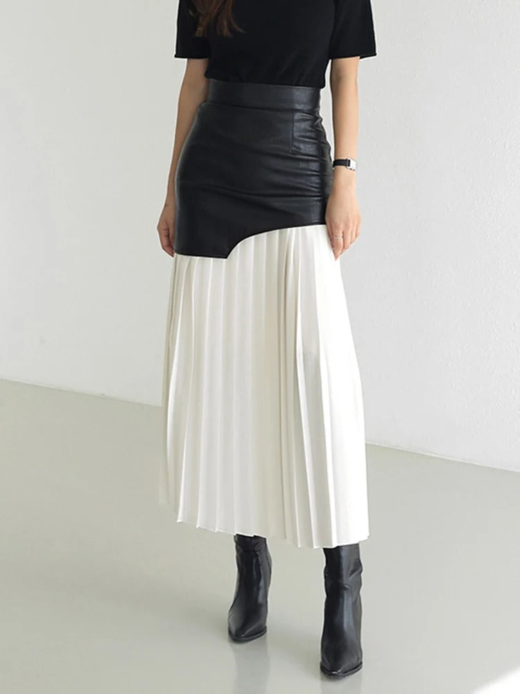 Kara Contrast Pleated Faux Leather Midi Skirt