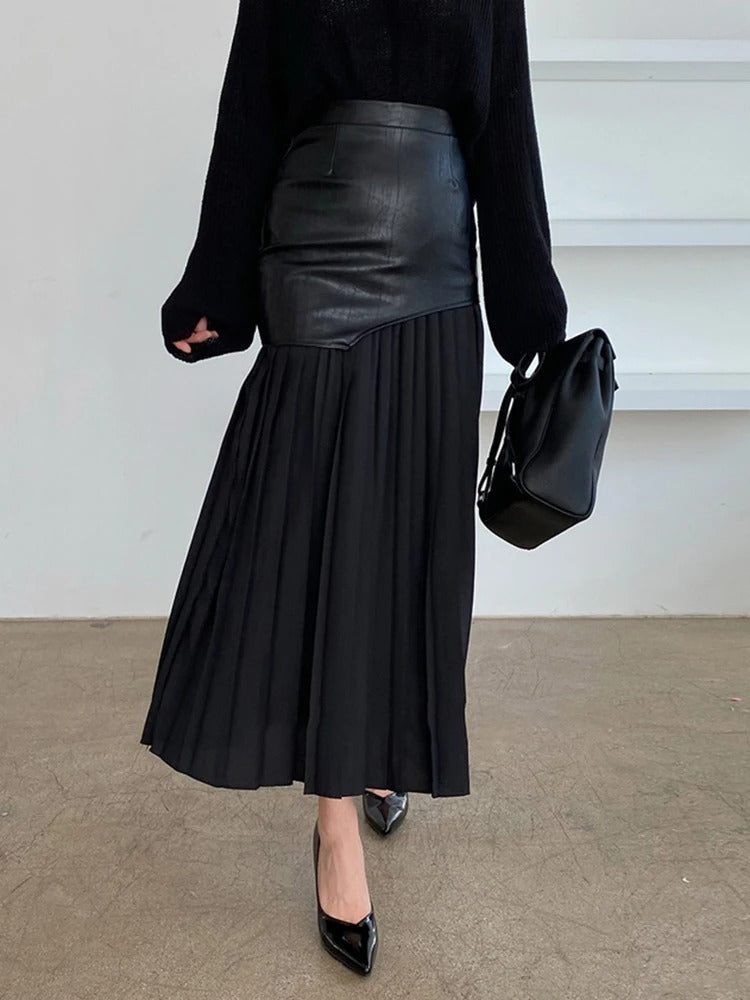 Kara Contrast Pleated Faux Leather Midi Skirt