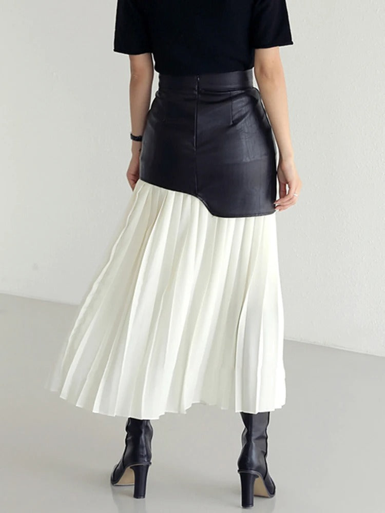 Kara Contrast Pleated Faux Leather Midi Skirt