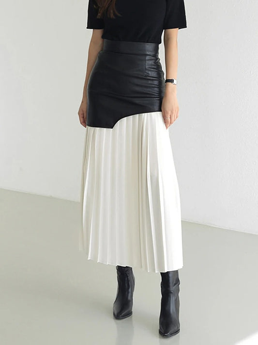 Kara Contrast Pleated Faux Leather Midi Skirt